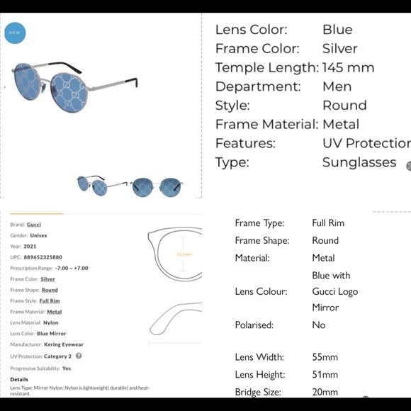 GUCCI “GG” INTERLOCKING LOGO IMPRINTED ON BLUE / SILVER MIRROR ROUND SUNGLASSES - Picture 15 of 16